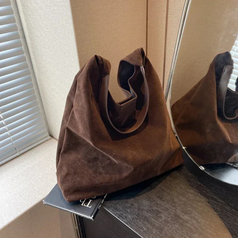 Vintage Womens Bag Large Capacity Suede Shoulder Bag Solid Color Simple Casual Bag 241212