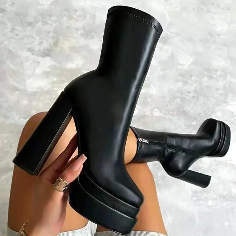 Winter thick high heels toenail shoes womens punk style zipper thick platform elastic ultra-fine fiber boots Botines Mujer 204 241213