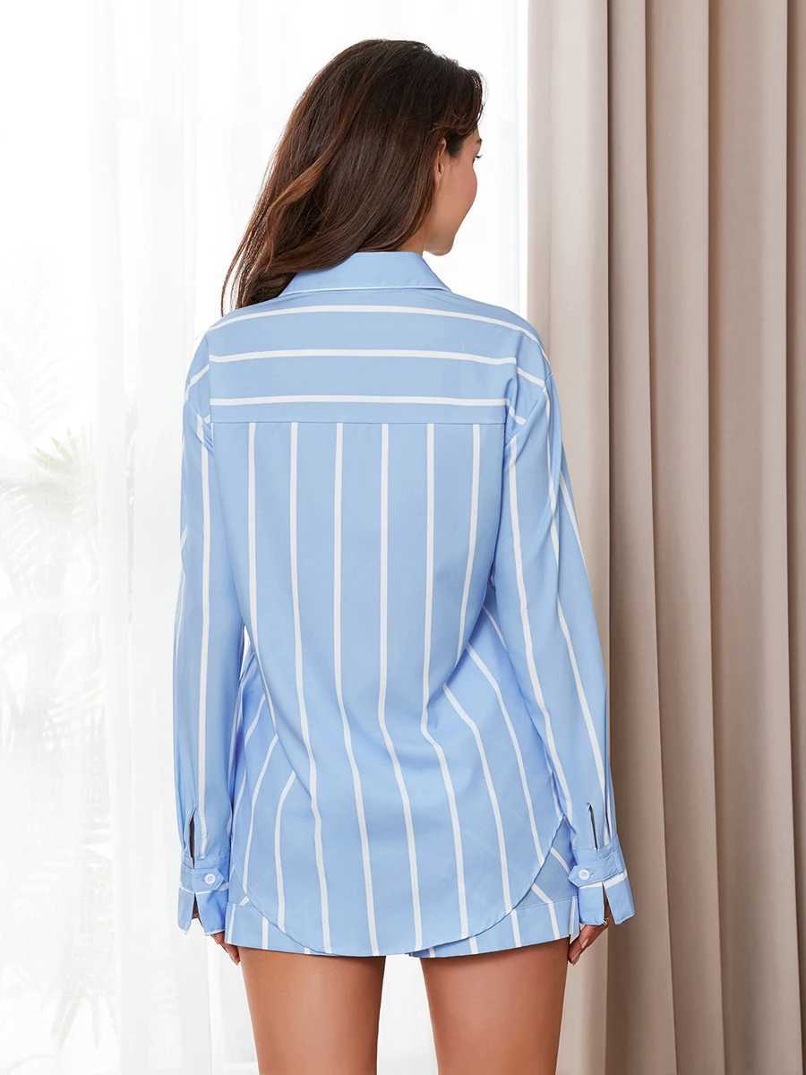 Women's Two Piece Pants Dourbesty Women Striped Print Long Slve Button Down Shirt + Shorts Set Loungewear Elegant Lady Spring Matching Suit Y2412