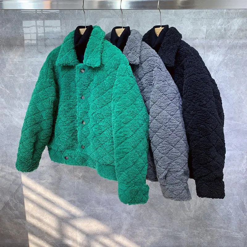 Winter Lamb Wool Short Overcoat Motorcycle Jackets Mens Cotton Warm Causal Loose High Street Coat Jacket Male Clothes 241213