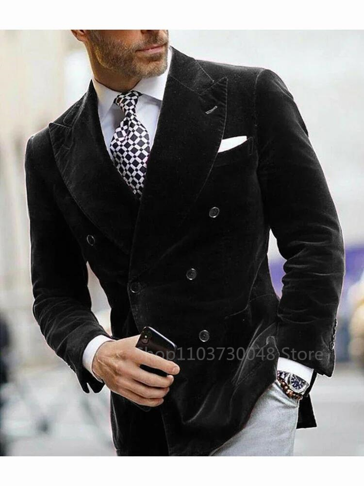 Green/Black Veet Blazer For Men With Peak Lapel Double Breasted Dinner Jacket Elegant Smoking Suit Wedding Coat