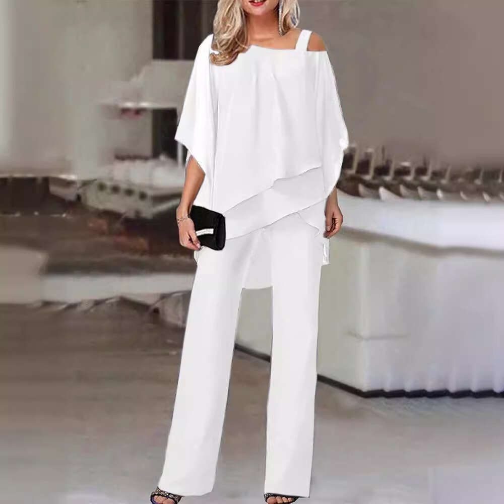 European And American New Solid Color Loose Casual Slanted Shoulder Bat Sleeve Irregular Long Pants Two-Piece Set Fashionable Quality Classic