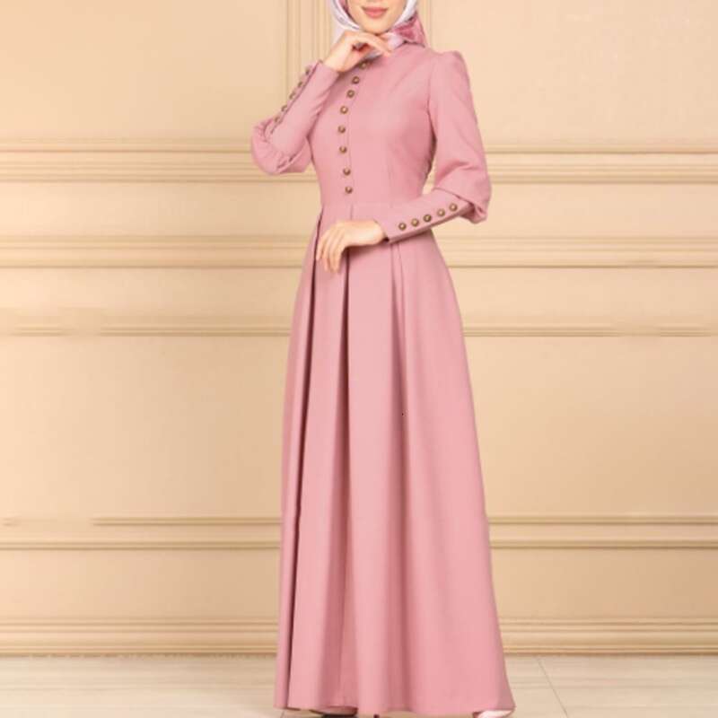 The Intellectual Goddess Has A Round Neck, Sleeved Button Decoration, Simple Versatile Collection Of Cuffs, High Waist, Big Long Skirt, And Dress