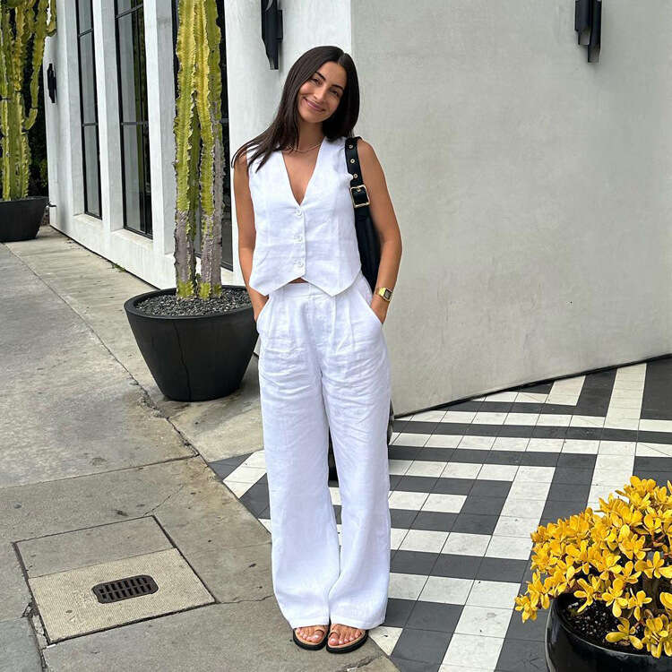 Women's Summer New Cotton And En Sleeveless Vest Casual Fashion Straight Leg Pants Two-Piece Set