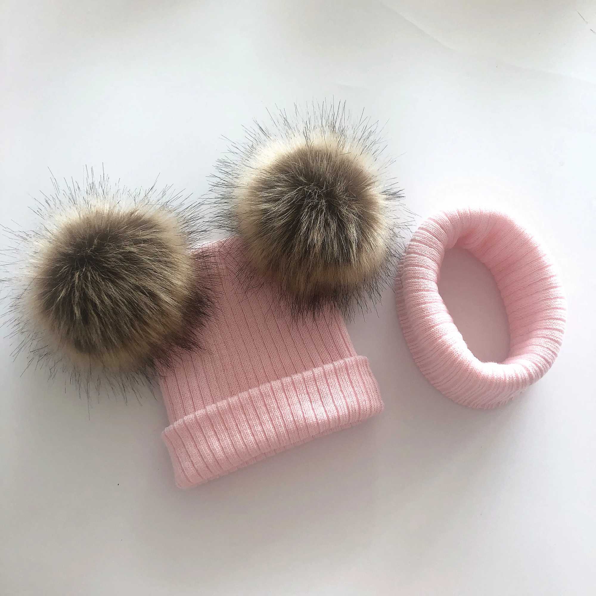 Kids Knit Faux Fur Double Pompom Hat Winter Caps For Baby Girl Toddler Children BeanieXJ241213