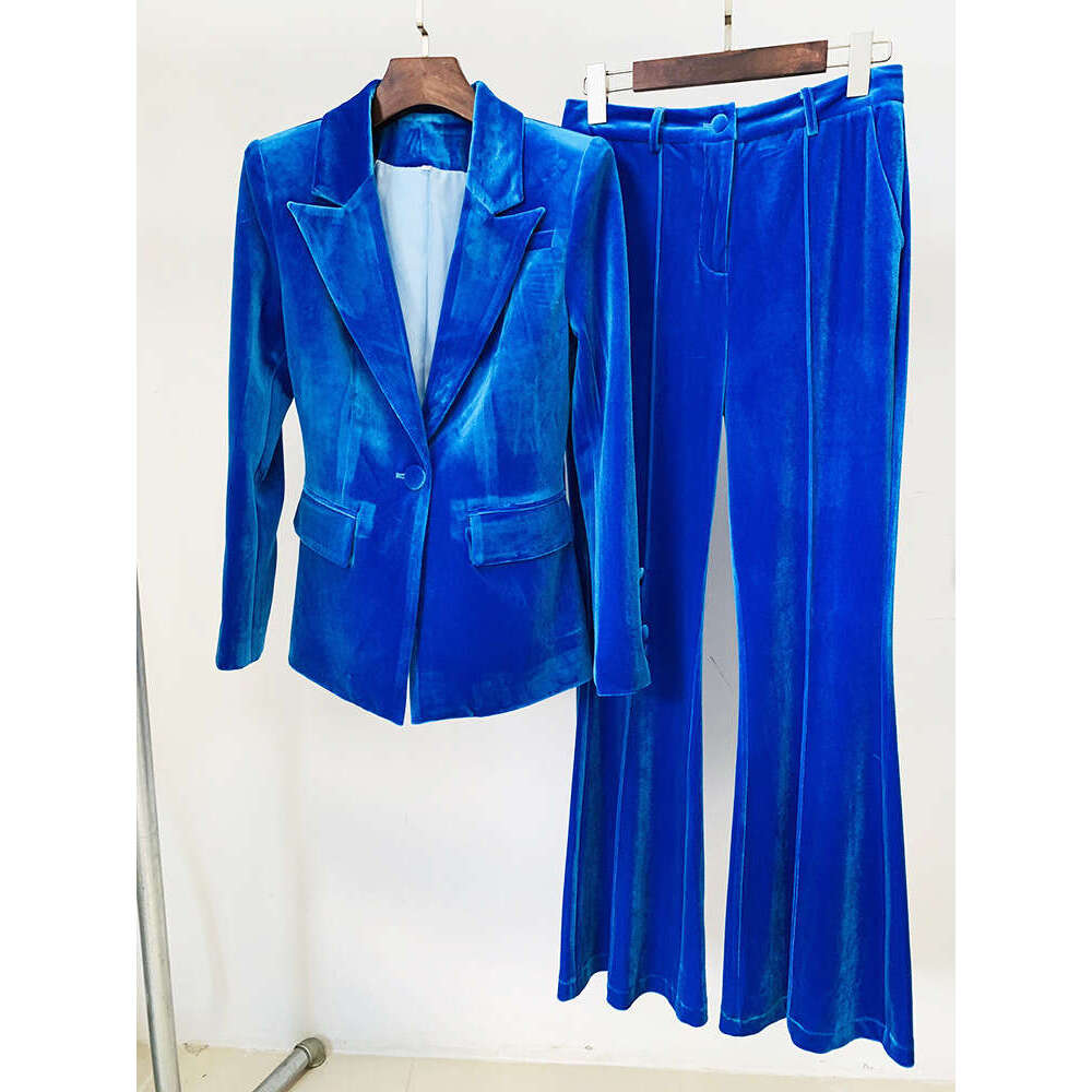 Ladies' Suit HIGH QUALITY Newest Fall Winter Designer Set Women's Single Buttons Veet Blazer Flare Pants Suit