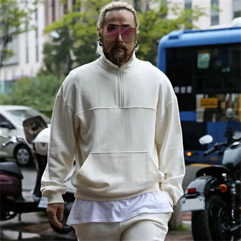 Mens spliced casual long sleeved sweatshirt Korean style plus size fashion vertical collar loose zipper 241211