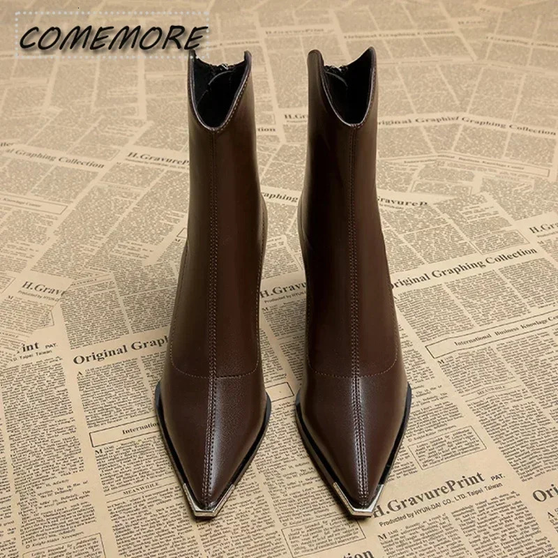 2024 Winter High Heels Sexy Womens Shoes Short and Fat Ankle Chelsea Boots Fashion Corner Toe Zipper Gothic Pump Black Brown 241213