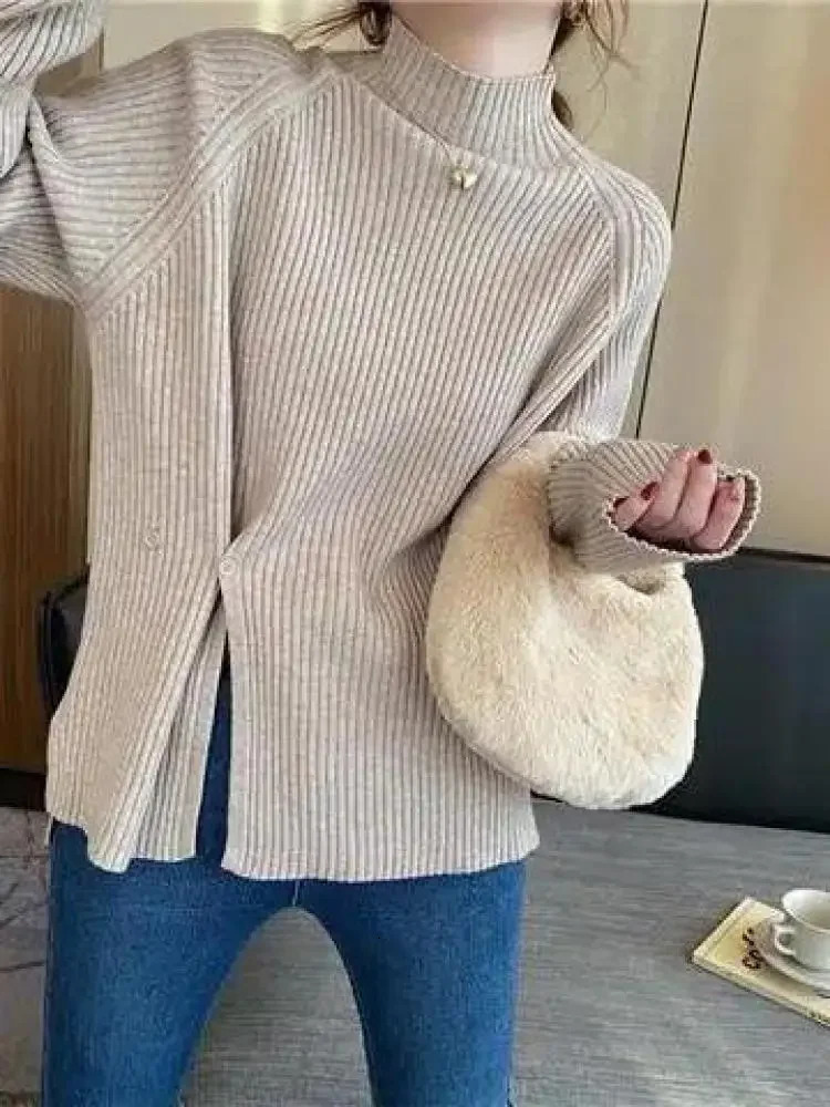 2024 Women Sweater Pullovers Turtlneck Casual Autumn Winter Split Fork Button Chic Female Slim Knit Top Soft Jumper Tops 241203