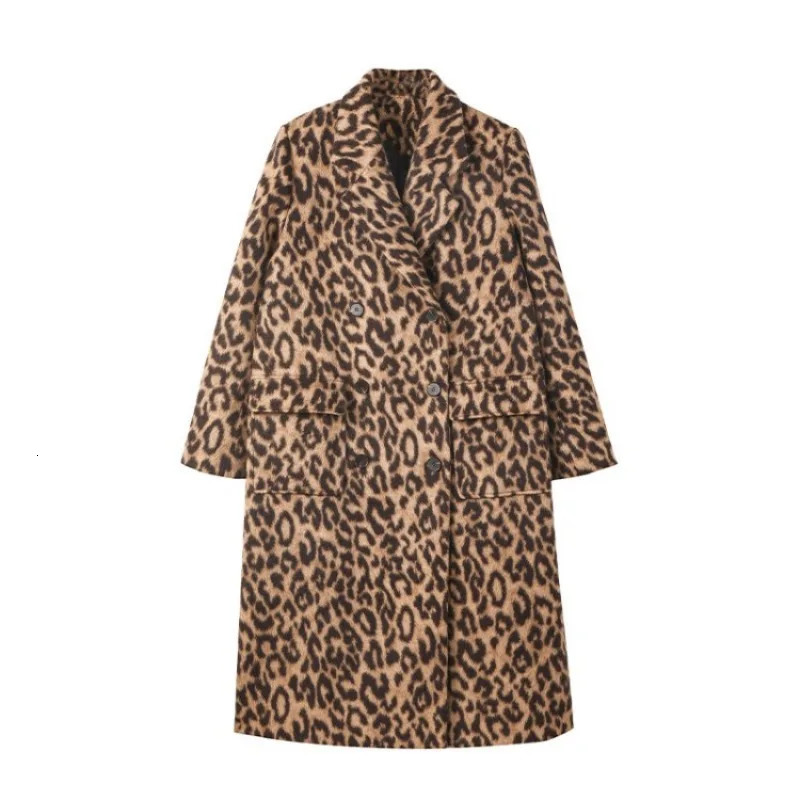 Womens Long Sleeve Woolen Coat Classic Leopard Print Loose Style Female Fashion Outwear Casual Versatile Winter 241213