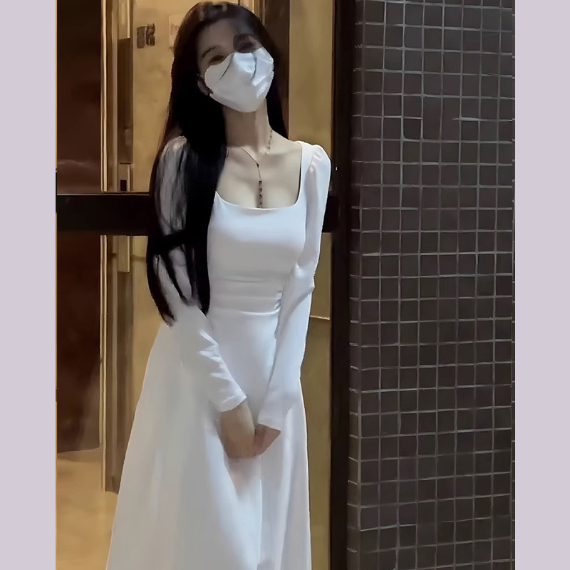 H731 White long-sleeved square-neck dress early autumn new style women's clothing small slim temperament long dress