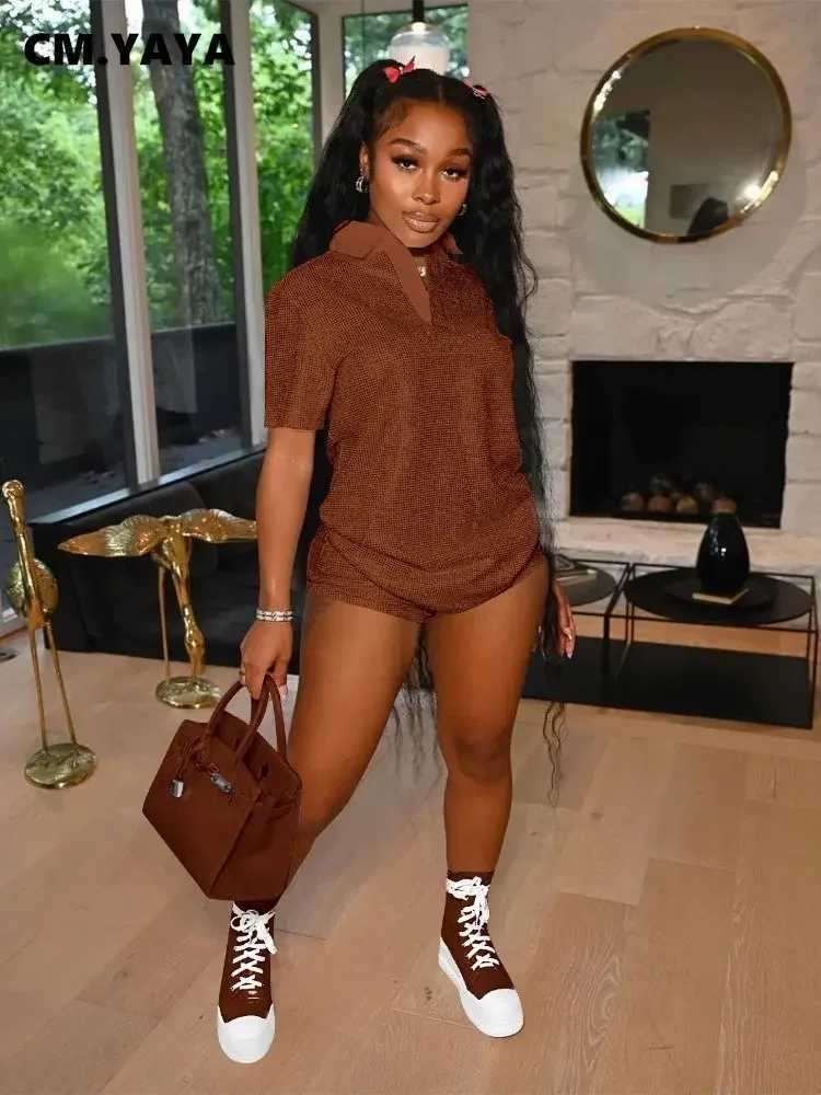 Women's Two Piece Pants CM.YAYA Fashion Giliding Womens Set Short Slve Polo-collar T-shirt and Shorts 2023 Summer Two 2 Piece Set Outfits Tracksu