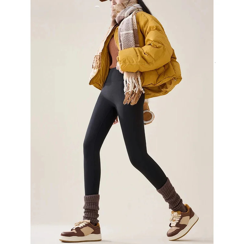 Autumn winter high waisted wool shark skin legs womens seamless ultra-thin slim fit velvet thick elastic warm legs 241205