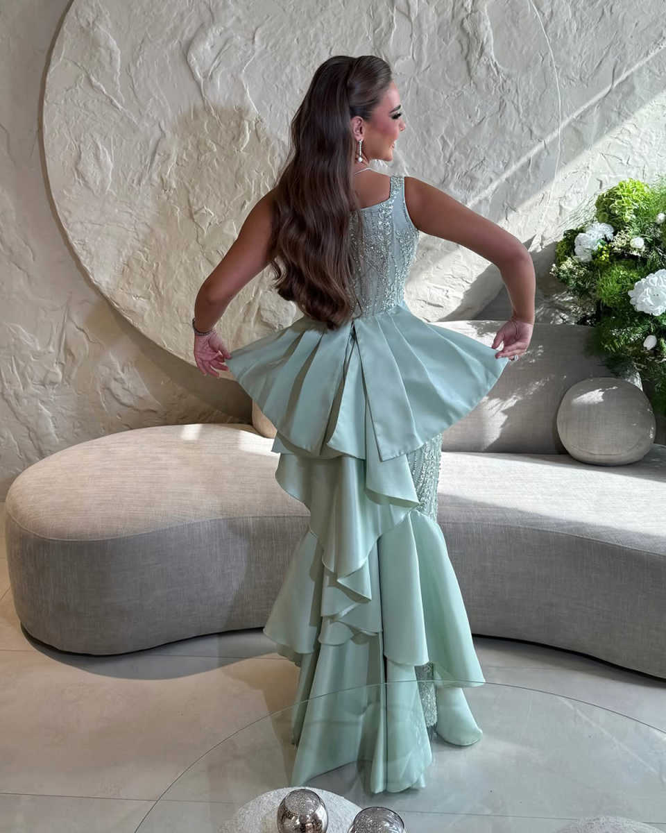 Evening Dresses For Women Square Collar Sleeveless Gown Sequins Appliques Prom Party Sweep Train Customized Dress