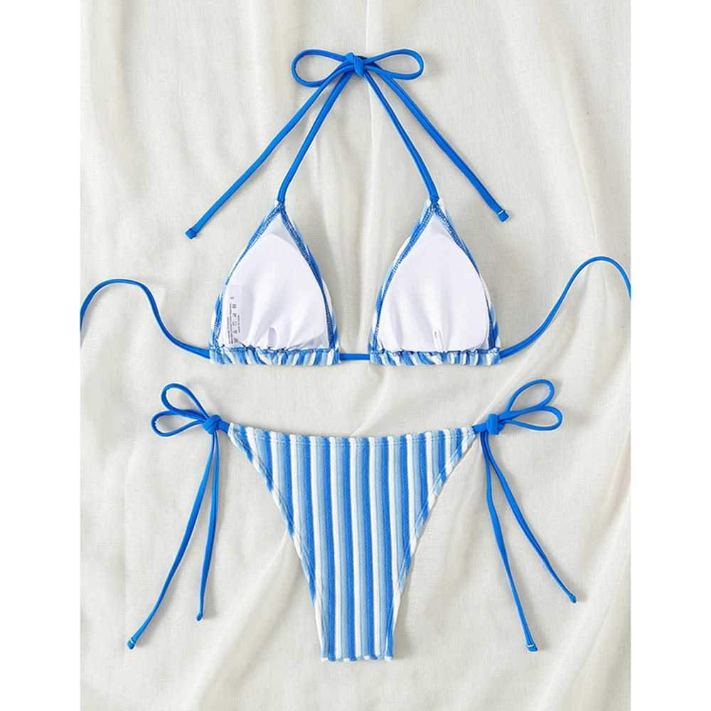 9 Colors New Towel Cloth Halter Neck Tie Up Striped Bikini Swimsuit For Women Summer Beach Vacation Low Waisted Swimwear 2024XJ241212