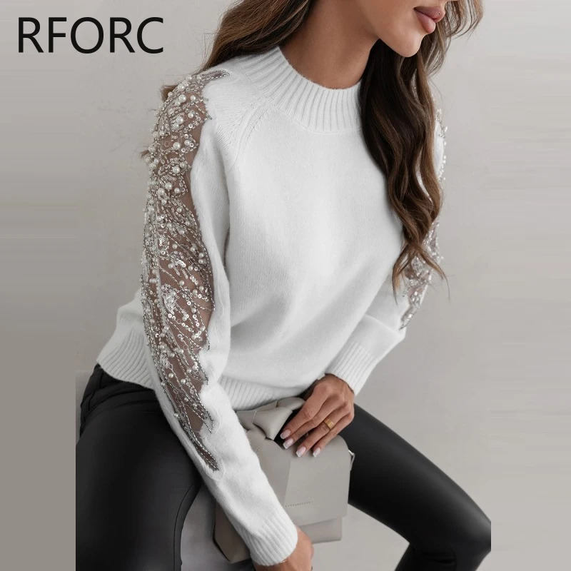 2023 Women Solid Hook Flower Hollow Sequins Patch Long Sleeves Knitting Pullovers Tops 241203
