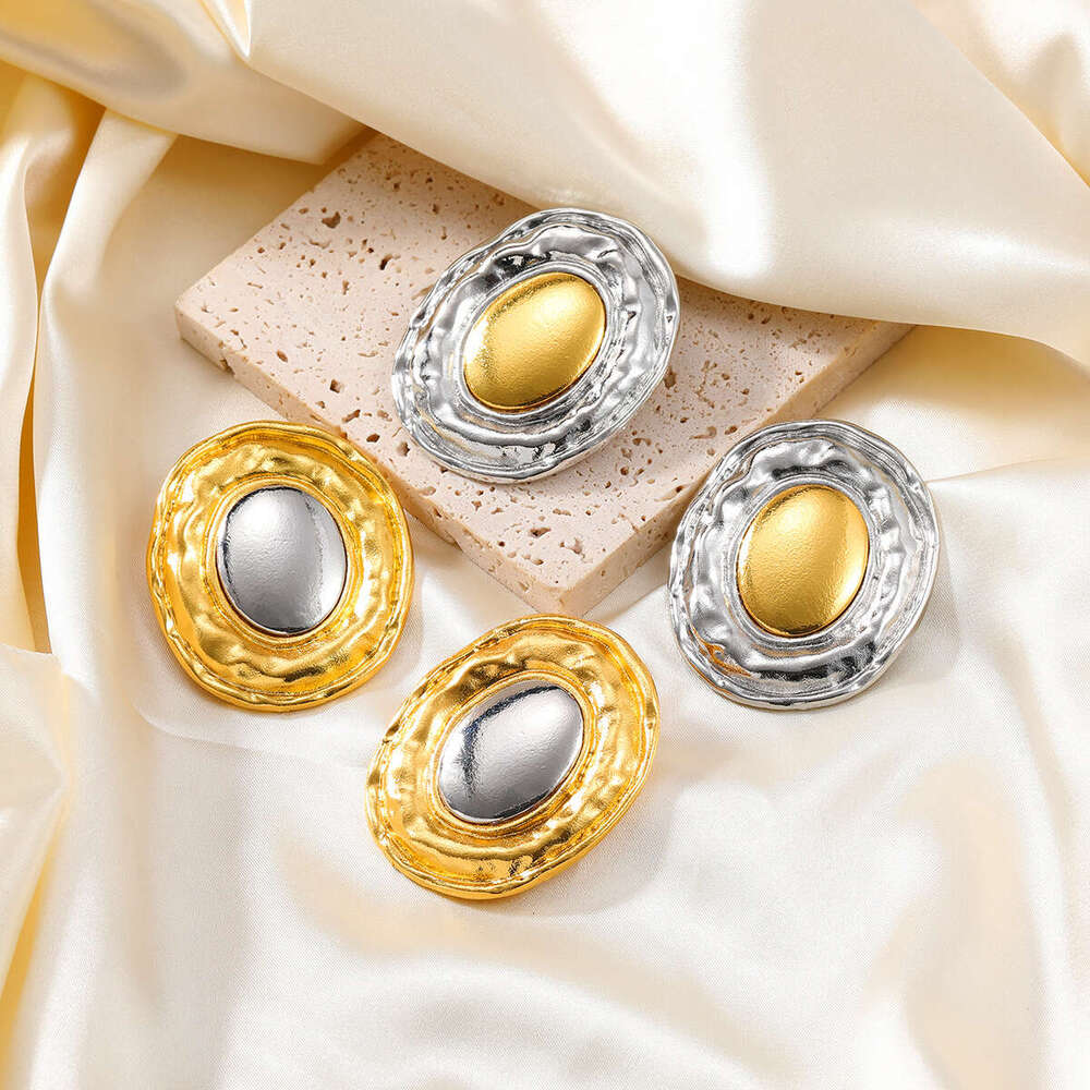 Summer New Alloy Exaggerated Women's Round Metallic Gold Sier Color blocked Earrings
