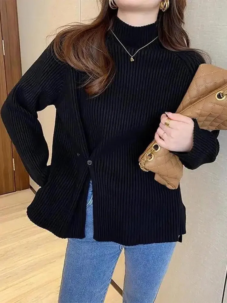 2024 Women Sweater Pullovers Turtlneck Casual Autumn Winter Split Fork Button Chic Female Slim Knit Top Soft Jumper Tops 241203