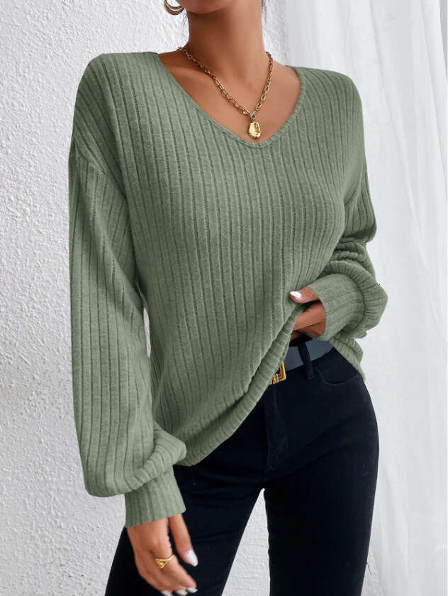 2023 Autumn New Loose Knitted Shirt European and American Style V-neck Falg Shoulder Lantern Sleeve T Women