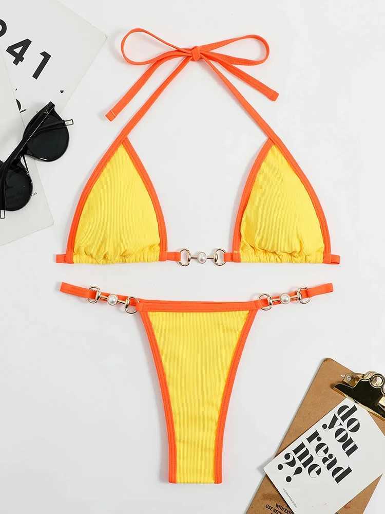 OIINAA Swimsuit Women Sexy Halter Block Color Bikini Set Pearl Metal Ring Swimwear Lace Up Biquinis Two-piece Thong Bathing SuitXJ241212
