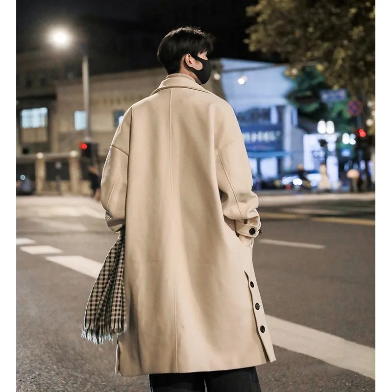 Mens standing collar wool trench coat mens side button casual loose Korean high-end winter thick elegant fashion coat 241211