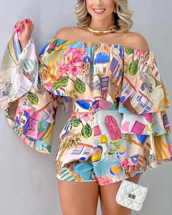 Women's Two Piece Pants Two Piece Sets Womens Outifits 2023 Spring Fashion Graphic Print Off Shoulder Bell Slve Crop Top Casual Vacation Shorts S