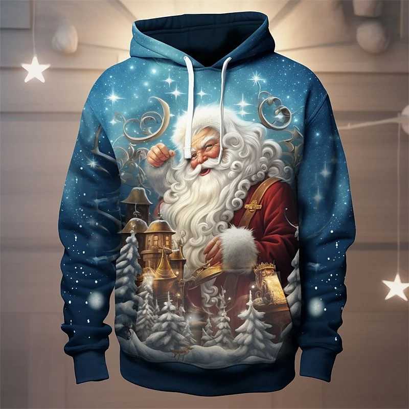 3D printed fun Santa Claus mens hoodie with reindeer pattern Christmas long sleeved casual sports shirt unisex loose hoodie W241213