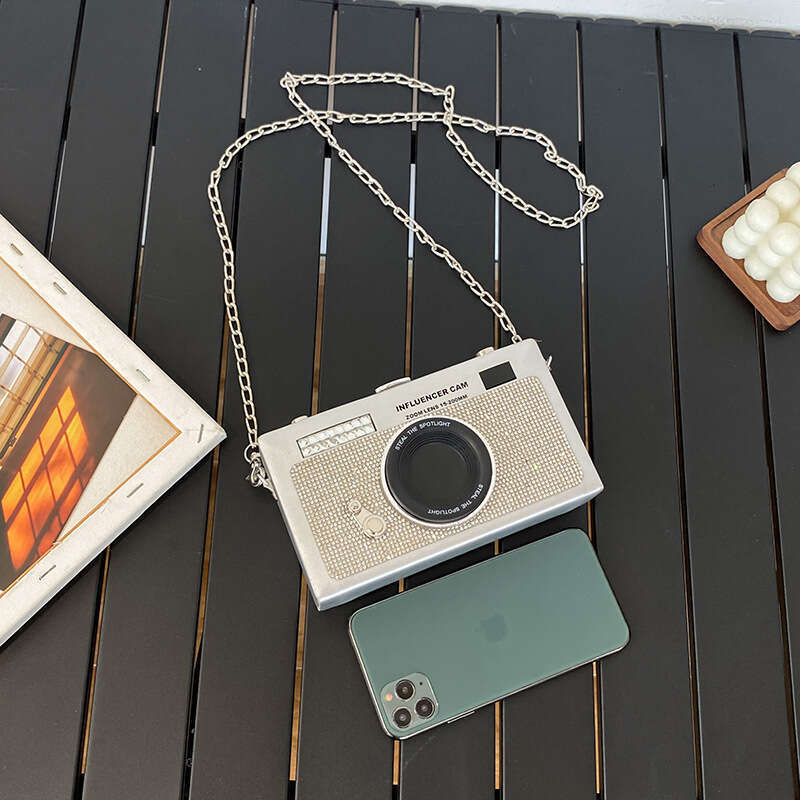 Super hot box crossbody women's heavy industry diamond inlaid high-end camera niche chain small square bag, 2024 new casual fashion trend clothin