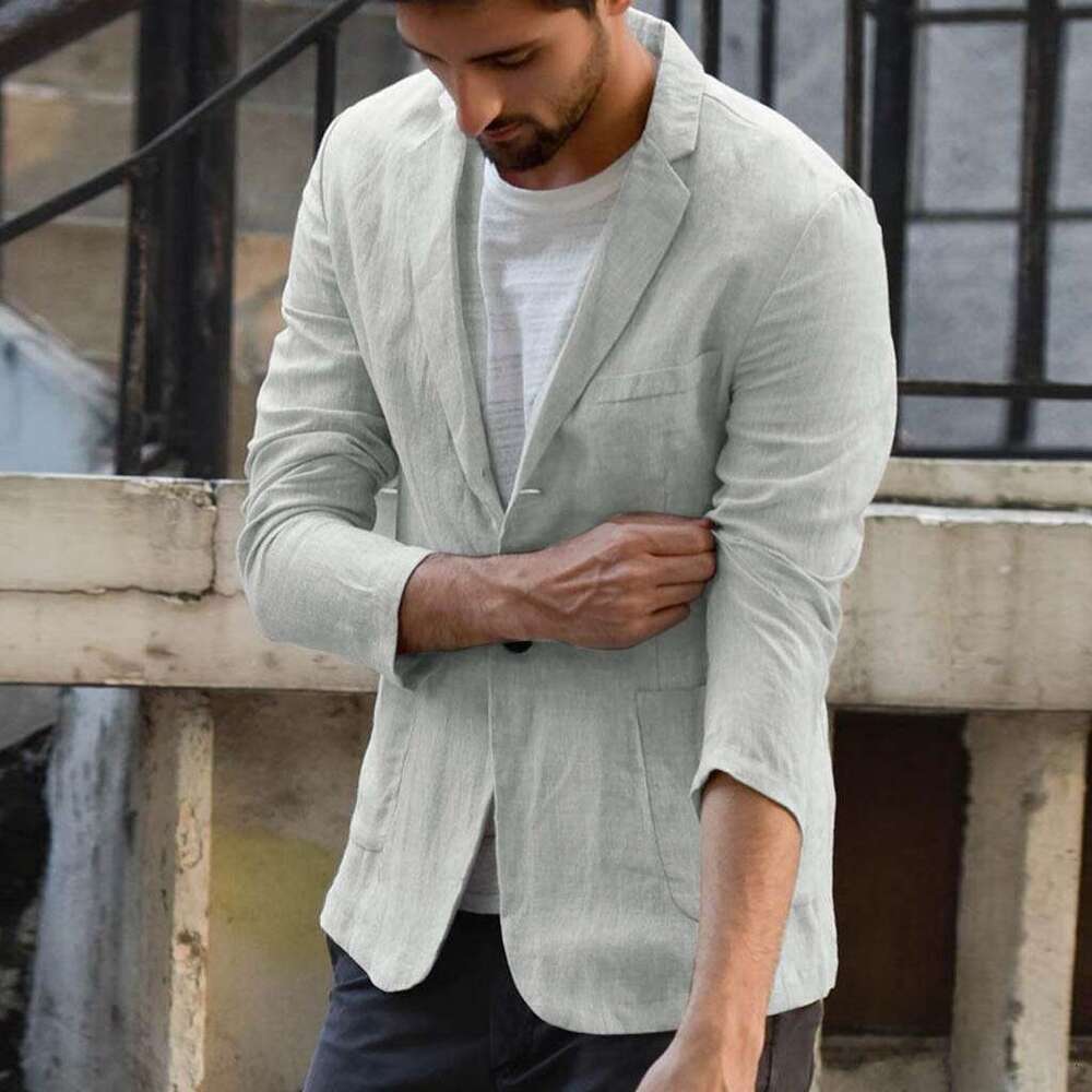 Cross Border Foreign Trade Men's Autumn Cotton En Loose Solid Color Thin Style Regular Casual Suit Jacket Fashionable Quality Classic