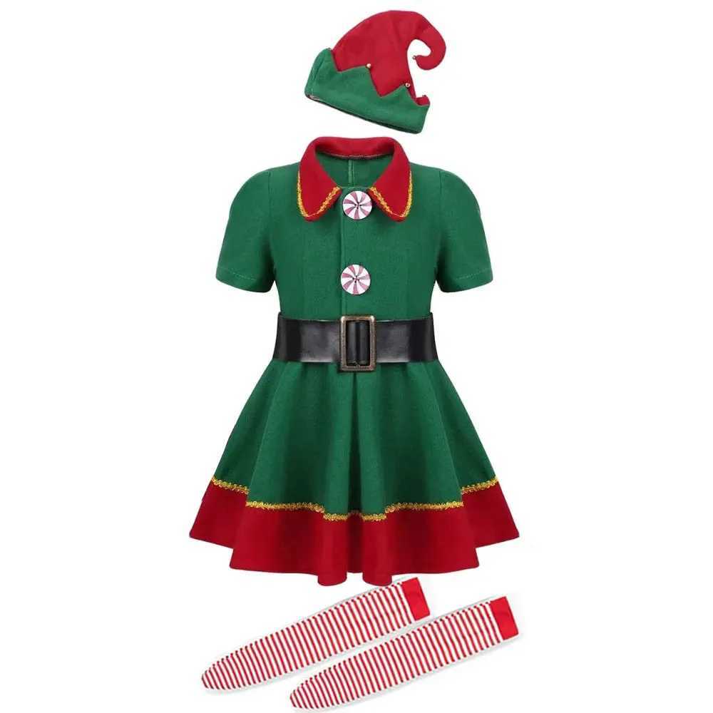 2-12 Yrs Kid Deluxe Christmas Elf Costume 7 Pieces Green Red Elevs Suit Top+Pants+Socks+Hat+Belt+Shoes Covers+Ears Santa Uniform W241213