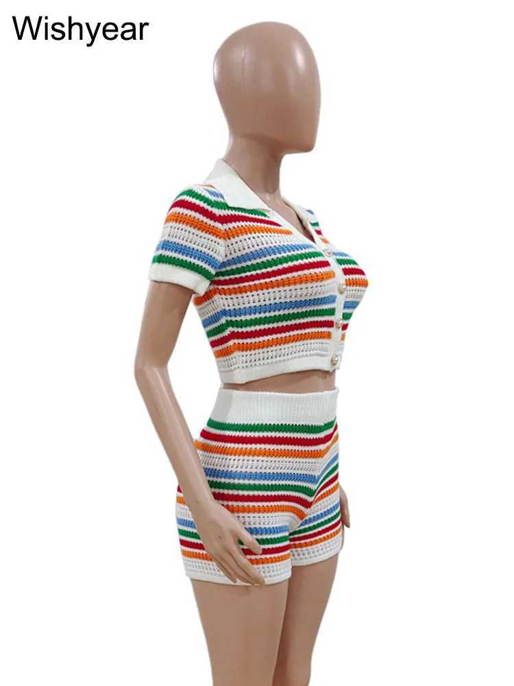 Women's Two Piece Pants year Sexy Beach Rave Club Women Colorful Striped Patchwork Knitted Crop Top and Shorts Crochet Two Piece Set Birthday Out