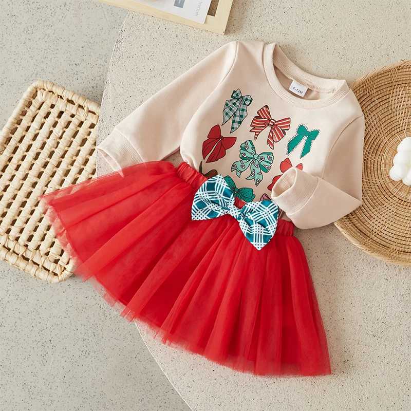 Suefenskry Preschool Girls Christmas Set with Bow Pattern Long Sleeve O-Neck Sweatshirt Top and Elastic Waist Chiffon Skiing Autumn Set W241213