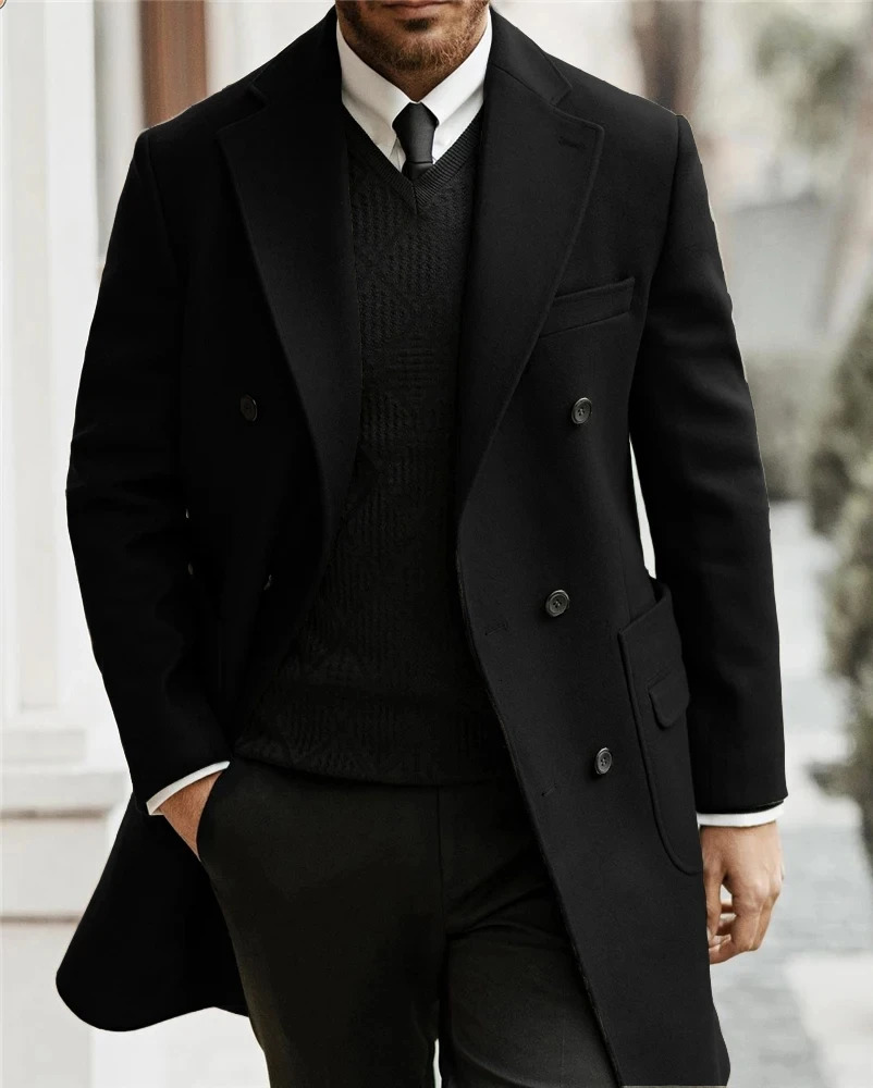 Classic Man Trench Coat Notched Lapel Full Terno Fashion Double Breasted Elegant Gentleman Long Mens Winter Jacket 241213