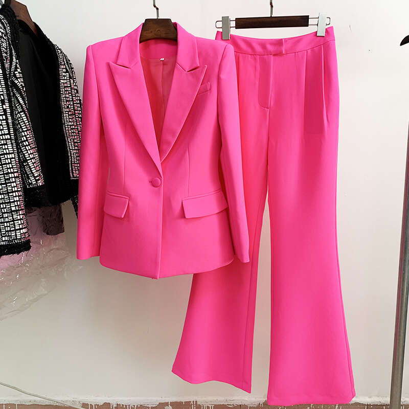 Ladies' Suit HIGH QUALITY New S/S Designer Runway Set Women Single Button Slim Fit Blazer Suit Flare Pants Two Pieces Set Hot Pink