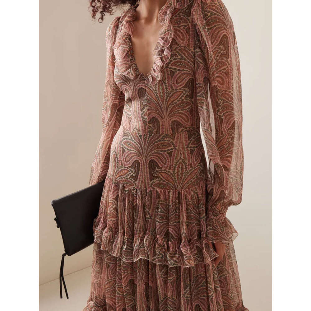 European And American Bohemian Flared Sleeve Print V-Neck High Waisted With Ral Patterns, New Style For Women's Long Dress