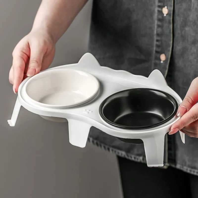 Cat Feeders Cat Double Ceramic Bowl with Plastic Stand Pet Elevated Raised Food Water Bowls Small Dogs Drinking Eating Feeding Supplies z241213
