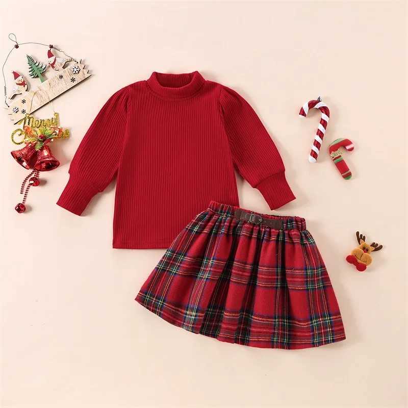 Pudcoco little girl Christmas set solid ribbed plain neck long sleeved top plain elastic waist A-Line ski 2-piece set 1-5T W241213