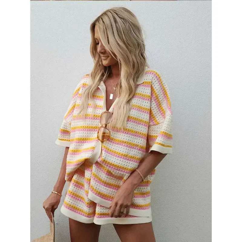 Women's Two Piece Pants JINIA Summer Striped Knitted 2 Piece Short Sets Women 2024 Casual Single Breasted Lapel Cardigan Short Sets Ladies Boho O