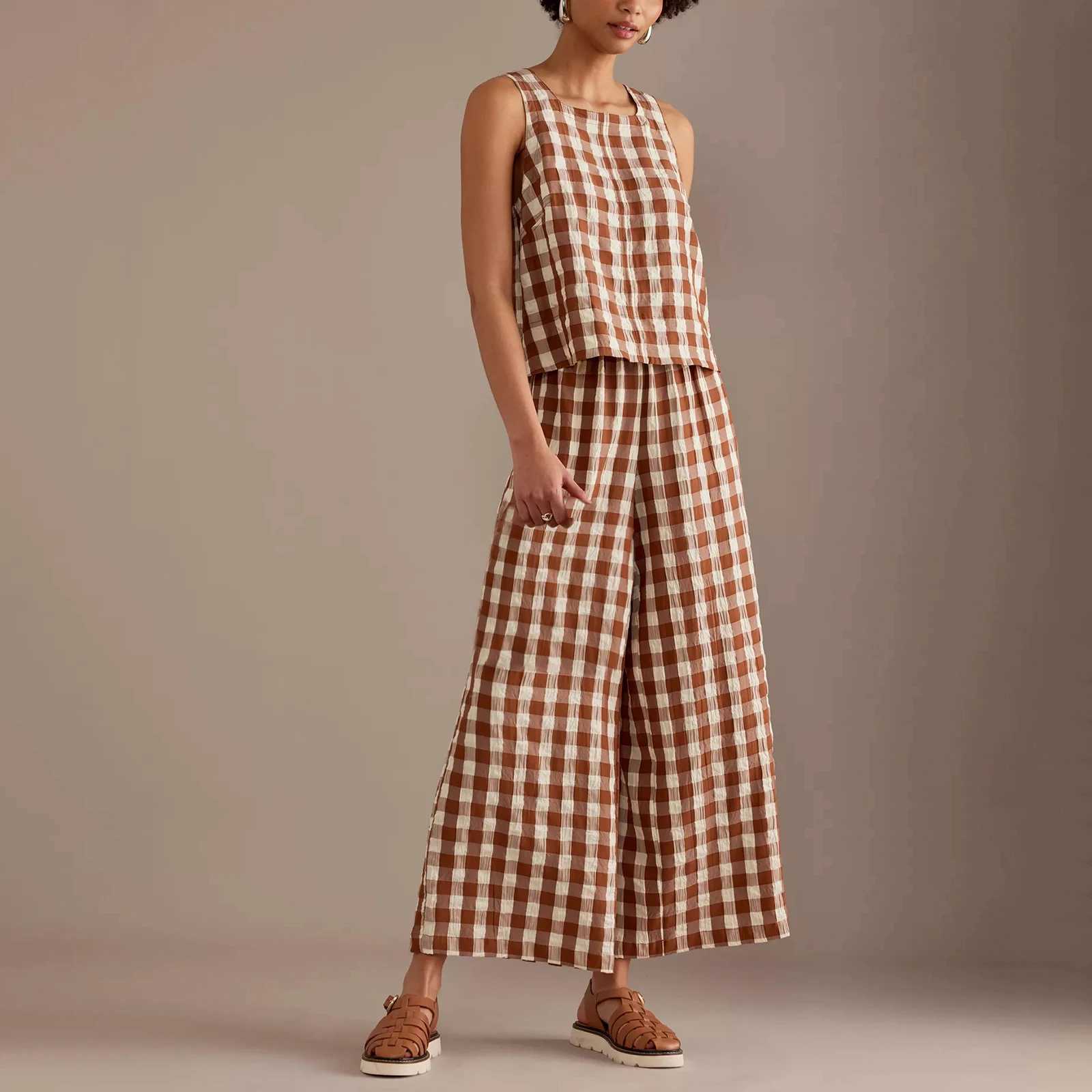Women's Two Piece Pants Hirigin Gingham 2 Piece Lounge Pants Sets for Women Y2k Plaid Print Outfits Slveless Tank Top Baggy Wide Leg Pants Suits 