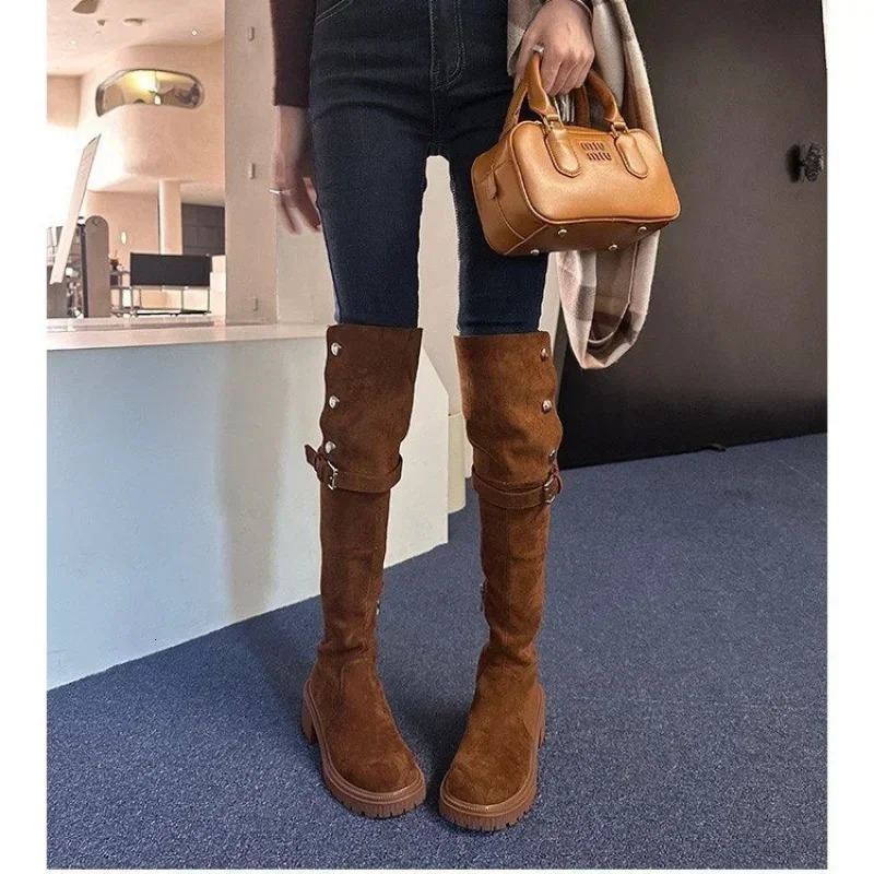 Knee above denim boots for womens ers winter platform shoes fashionable fur suede wedge thick boots motorcycle shoes 2024 241213