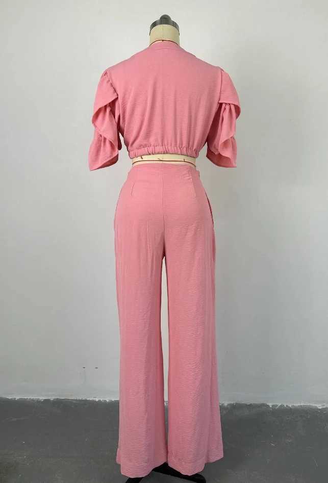 Women's Two Piece Pants Fashion 2024 Women Two Piece Set Outfits Solid Color V-Neck Flared Slve Tie Up Top Wide Leg Pants Casual Set Sport Suit Y