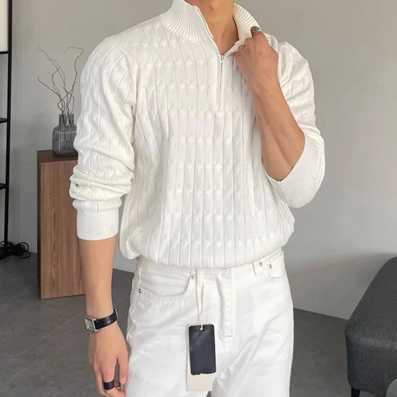 Autumn Clothing Mens Knitted Jacquard Zipper Pullover Sweater Premium Vintage Solid Color Stand Collar Long Sleeve y M3XL 241213