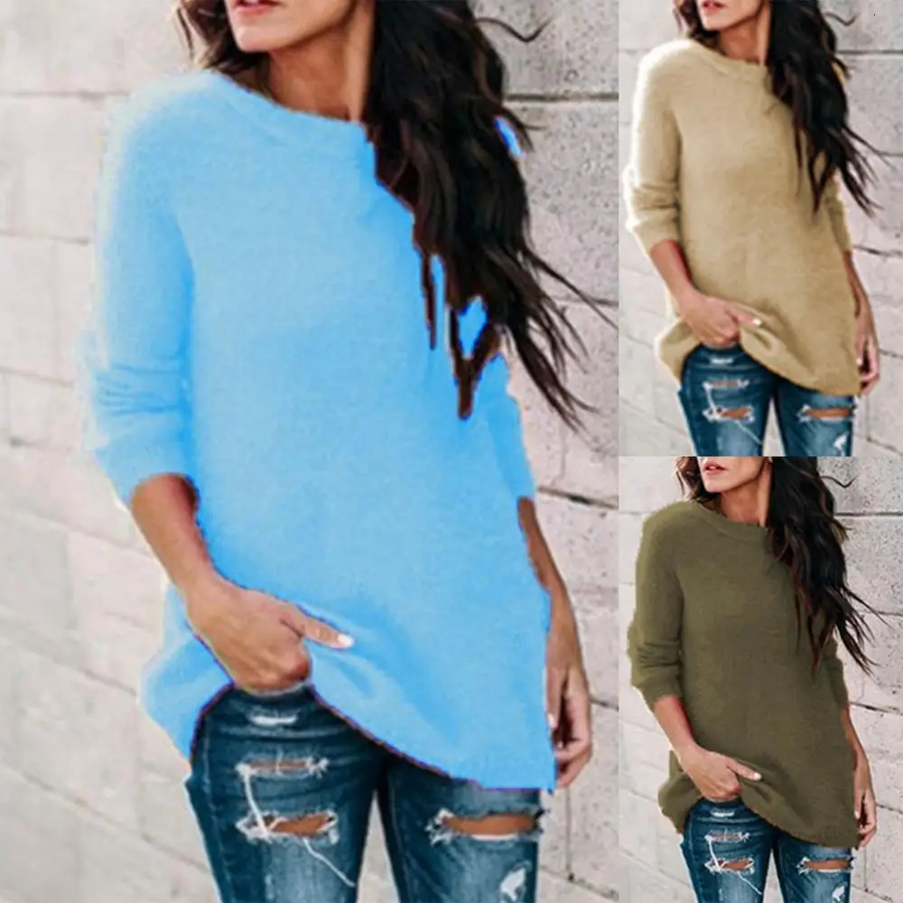 Chic Women Autumn Warm Sweater Solid Color O Neck Long Sleeve Knitwear Pullover Plus Size Blouse Ladies Hipster Clothing 241203