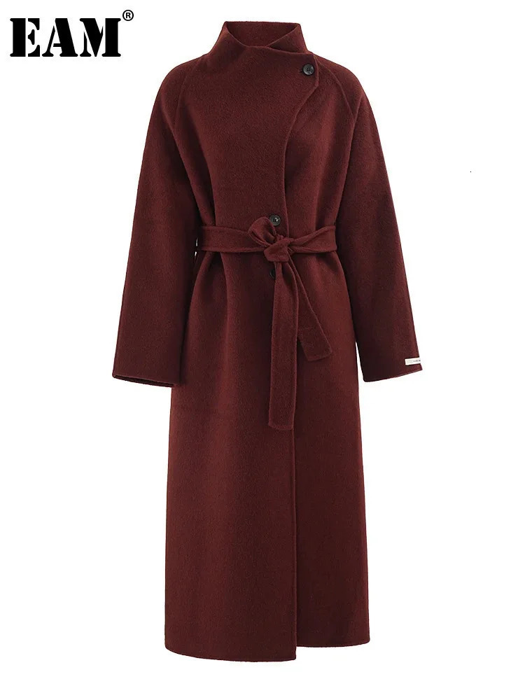 EAM Red Belted Big Size Long Thick Woolen Coat Stand Collar Sleeve Women Jacket Fashion Autumn Winter CPG 241213