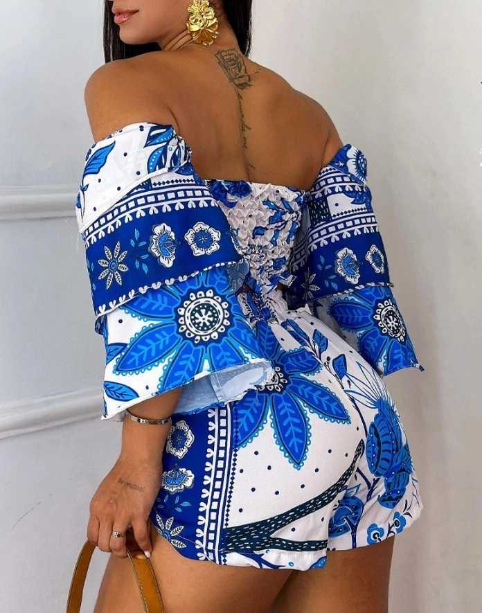 Women's Two Piece Pants Two Piece Set Women Outfit 2024 Summer Floral Print Shirred Off The Shoulder Top Casual Pocket Design Drawstring Shorts S