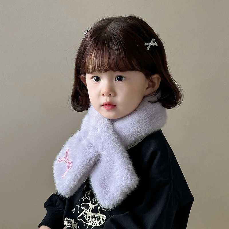 Scarves Wraps Embroidered Bow Baby Plush Scarf Winter Warm Children Neckerchiefs Korean Kids Cross Neck Covers Sweet Girl Fur Collars 2-8Years H241213