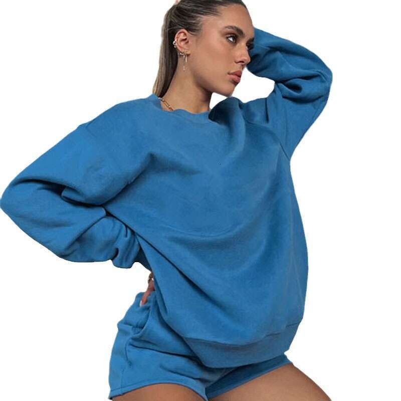 European American Spring And Autumn Solid Color Round Neck Pullover Long Sleeved Hoodie Women's Shorts Set Trendy Clothing Fashion Casual Tempera