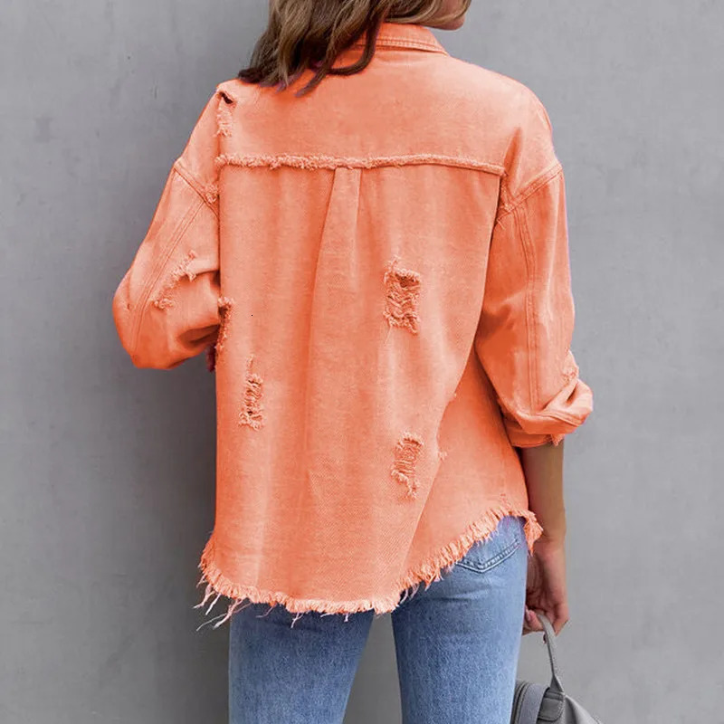 Womens torn Distressed denim jacket spring and autumn clothing long sleeved buttons boyfriend Jean Coat truck 241211