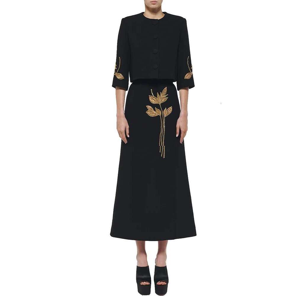 Ladies' Suit HIGH QUALITY Newest Fashion Designer Set Women's 3/4 Sleeve Beaded Cropped Jacket Midi Skirt Suit 2Pcs