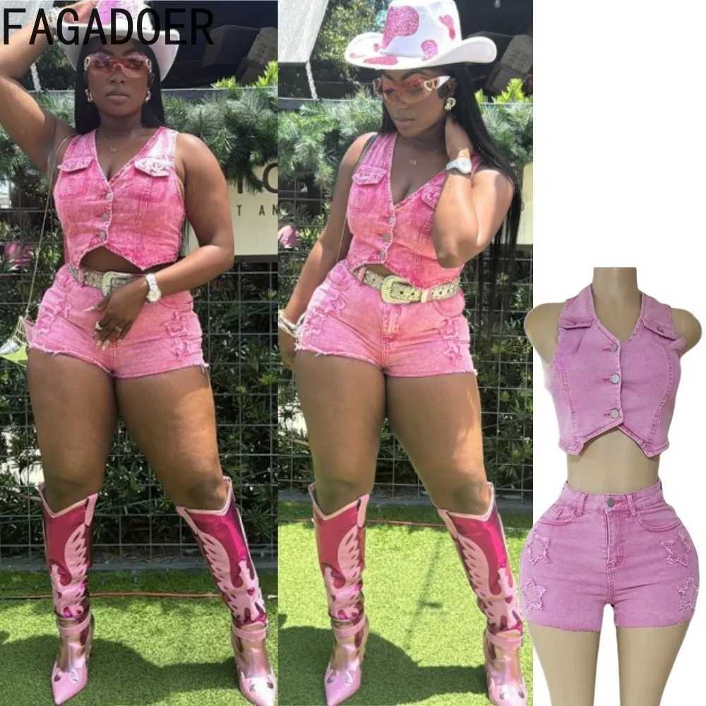 Women's Two Piece Pants FAGADOER Denim Sexy 2 Piece Sets Women Outfit V-Neck Buttons Crop Vest and Embroidered Patchwork Shorts Suit Y2k Strtwear